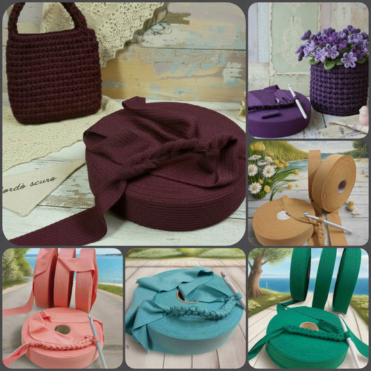 autunno 2025 bordò corallo tiffani chiaro viola senape ocra verde smeraldo shop offerta vendita fettuccia stafil maglina morbida elastane plissé poliammide lycra soft-elastica colori moda alta pizza larga piatta 4 cm uso borse uncinetto clutch bags crochet amigurumi cestini