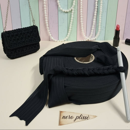 nero plissè lycra-soft pizza fettuccia borse uncinetto morbida sottile uso crochet bags clutch pochette sacca mare estive abbigliamento moda bustine borsellino crochet