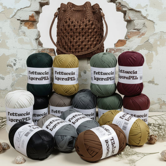 gomitolo MAS lycraPel fettuccia ecopelle avio oro senape, grigio medio, nero, marrone-bordeaux, verde olivo, panna, beige uso cordino per borse uncinetto abbigliamento moda rivestire manici realizzare pochette clutch bags