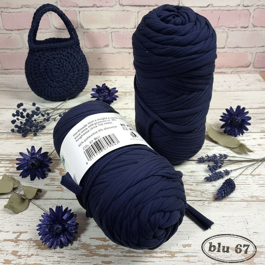 colore blu 67 rotolo 400 grammi circa 105 metri fettuccia lycra soft Mas uso uncinetto borse e cestini mpn PL4000  95% poliestere 5% elastane