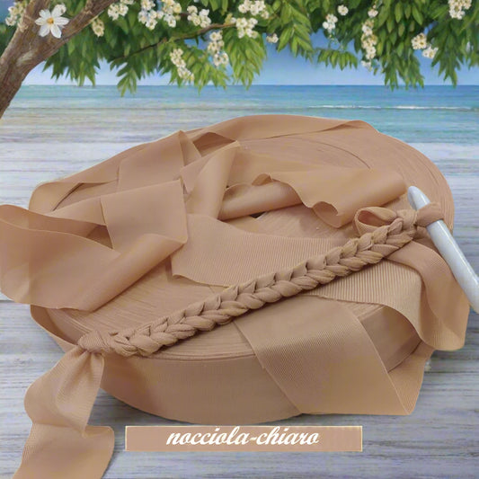 nocciola chiaro shop offerta vendita fettuccia stafil maglina jersey poliammide lycra soft-elastica colori estivi 2025 alta pizza larga piatta 4 cm uso borse uncinetto clutch bags crochet amigurumi cestini abbigliamento moda mare sacca sportina