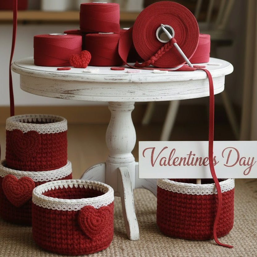 allestimento san valentino con fettuccia bordò india scamosciata simil velluto per cesti cuore pizzo borse uncinetto