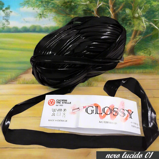 nero lucido 01 lycra metal laminata metallizzata lamè fettuccia borse uncinetto crochet clutch bags pochette da cerimonia sera regali natale cestini per handmade ferri maglia gomitolo 100 grammi glossy cucirini tre stelle articolo 0281000-01