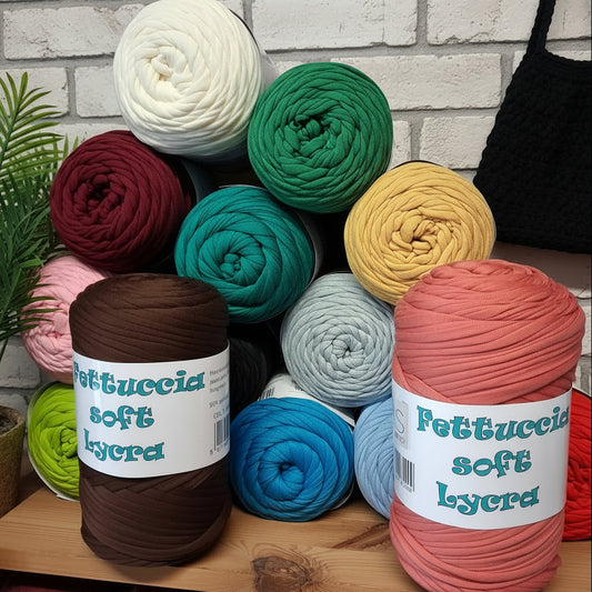 marrone rosa cipria azzurro turchese verde panna bordeaux nero rosso giallo colori vetrina fettuccia soft lycra Mas e Cucirini 3 Stelle per borse uncinetto
