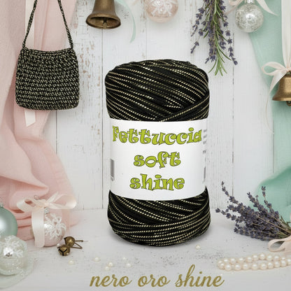 nero oro Shine soft fettuccia lycra MAS per borse uncinetto cestini Natale, filato con lurex lamè glitter nella stoffa, idee vetrina shabby chic