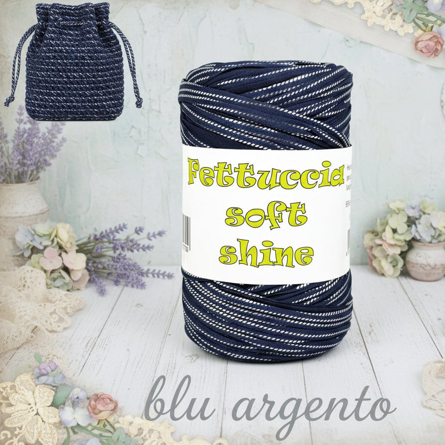 blu argento Shine soft fettuccia lycra MAS per borse uncinetto cestini Natale, filato con lurex lamè glitter nella stoffa, idee vetrina shabby chic