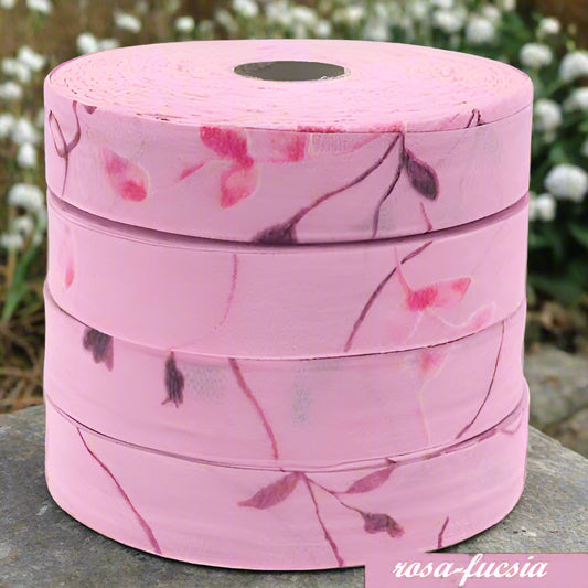 rosa con fiori fucsia fettuccia di tulle fantasia uso borse uncinetto pochette rotolo pizza piatta larga alta