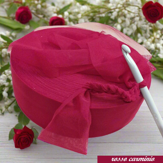 rosso carminio molto elastico stretch tessuto fettuccia borse uncinetto lycra piatta alta larga filato elasticizzato di tulle per cestini cuscini abbigliamento moda mare pochette clutch bags