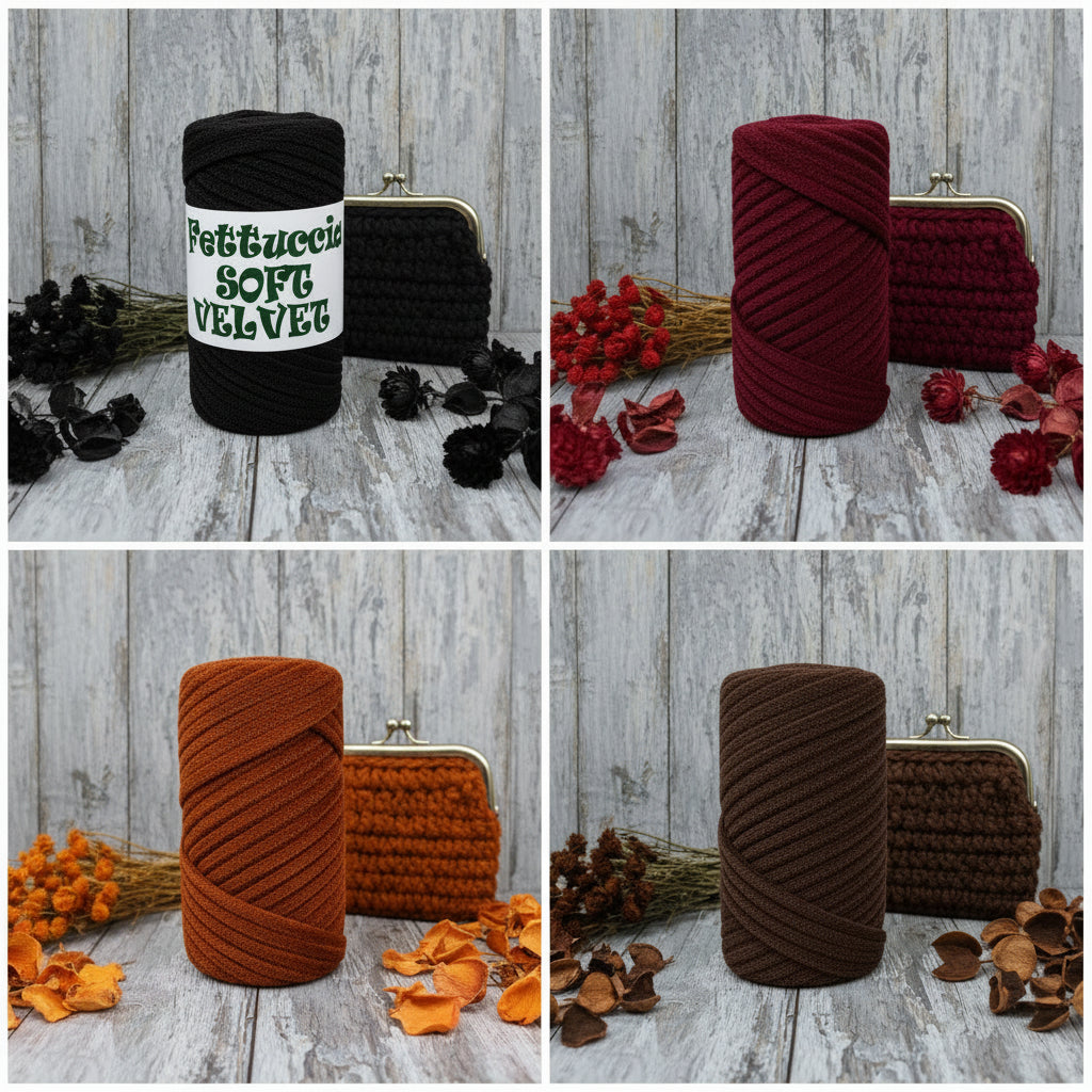 4 colori fettuccia soft velvet velluto MAS per borse uncinetto, tipologia tubolare