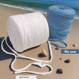 panna avio blu Wiggly fettuccia per borse uncinetto crochet bag pochette eco cotone lycra di qualità special edition Cucirini Tre Stelle filato yarn garne t-shirt colorato moda fashion abbigliamento e cestini estivi moda mare spiaggia piscina