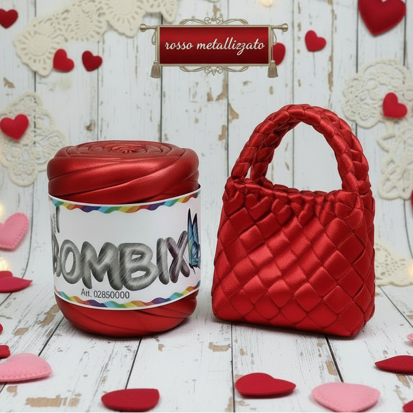 rosso metallizzato metal bombix cucirini tre stelle 1/2 kg fettuccia ripiena marshmallow filato borse gigante grosso spesso imbottito chunky bags tubolare intrecciare a mano senza uncinetto pochette shopper