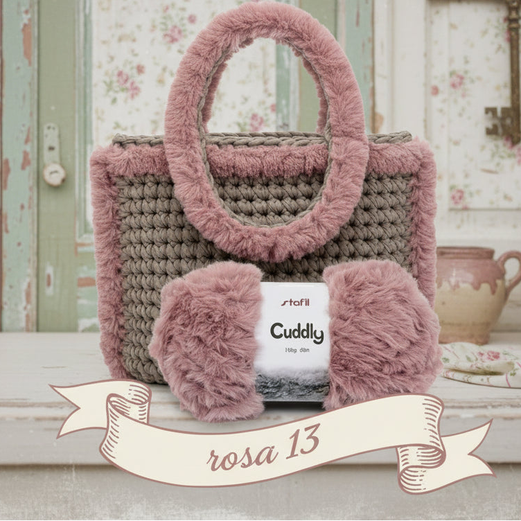vetrina colori rosa 13 stafil cuddly lana pelliccia filato pelosetto pelliccetta peluche per borsa uncinetto con manico rosa e beige