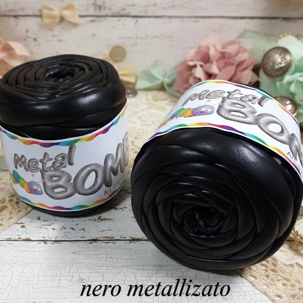 nero metallizzato metal bombix cucirini tre stelle 1/2 kg fettuccia ripiena marshmallow filato borse gigante grosso spesso imbottito chunky bags tubolare intrecciare a mano senza uncinetto pochette shopper