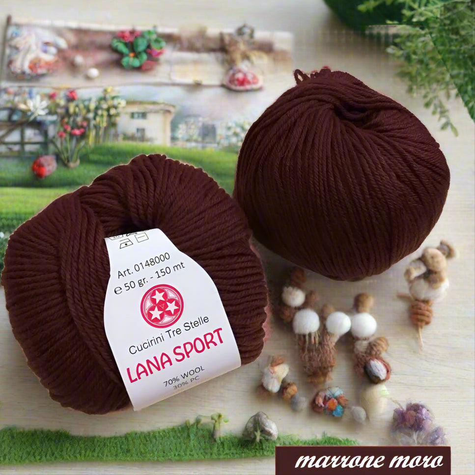 marrone moro offerte filato misto lana vergine acrilico filo sintetico Sport Cucirini Tre Stelle gomitolo 50 g 150 metri colori inverno 2025 2026 uso uncinetto ferri da maglia e calza per guanti cappelli sciarpe scaldacollo maglioni copertine cappotto stole