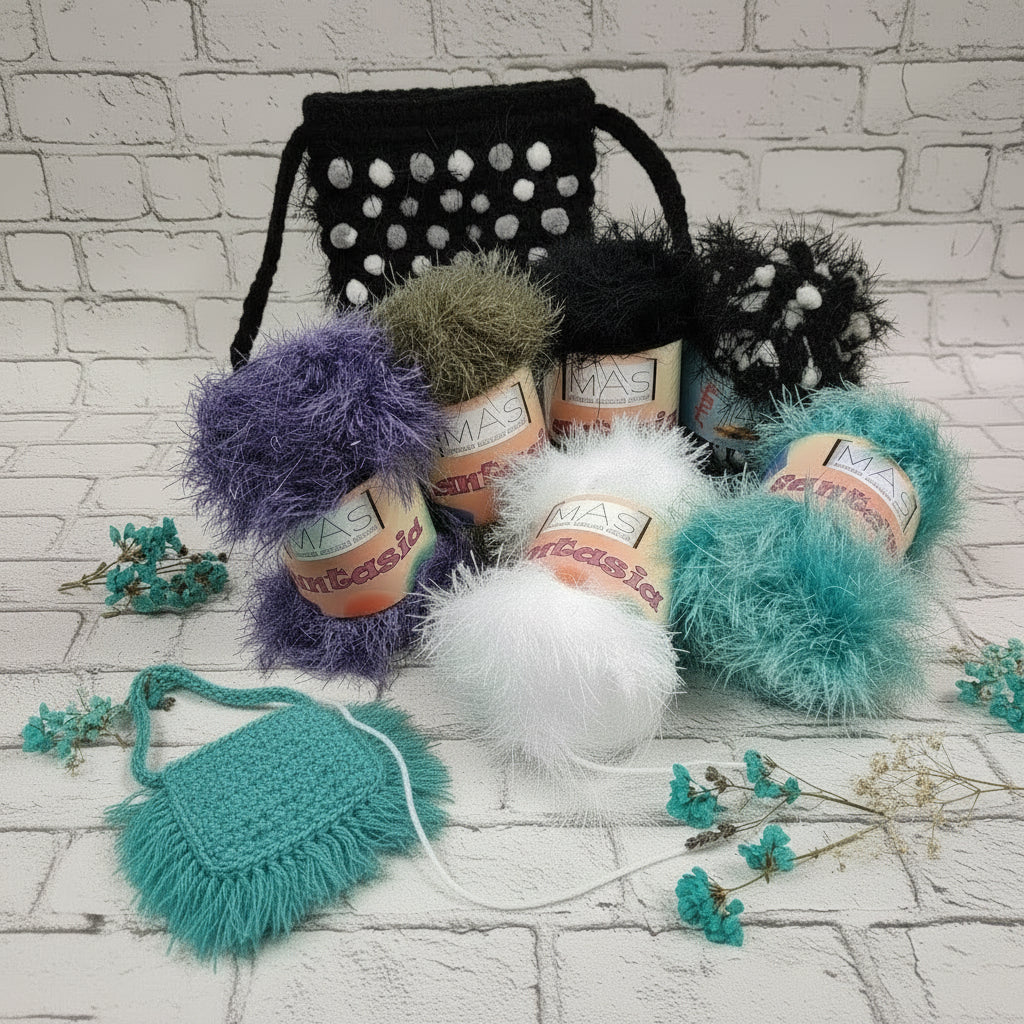 lana con frange colori MAS cordino fantasia pelosetto pelliccioso ecologico cordoncino per uncinetto borse scaldacollo pochette clutch bags sciarpe stole