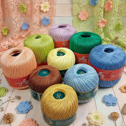 Profilo e Jolly cucirini 3 stelle titolo n 8 filato di scozia cotone pregiato filo uncinetto colorato rosa verde pesca azzurro giallo marrone 
uso amigurumi tendine casa delle bambole effetto pizzo fiori 3D