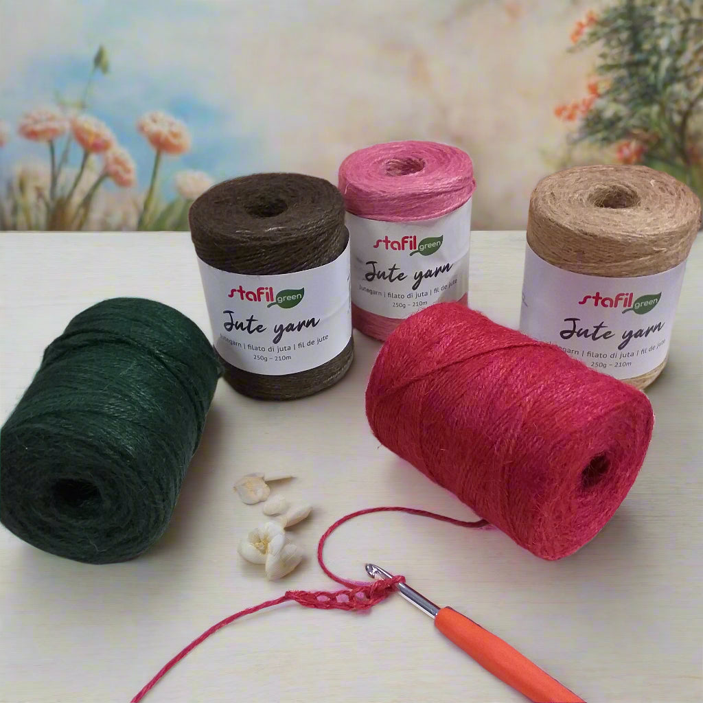 verde rosso marrone rosa beige naturale rustico filato juta jute garn yute yarn stafil green cordino borse uncinetto filo 2 mm cordoncino per macramè tessitura tappeti cappelli scarpe sandali