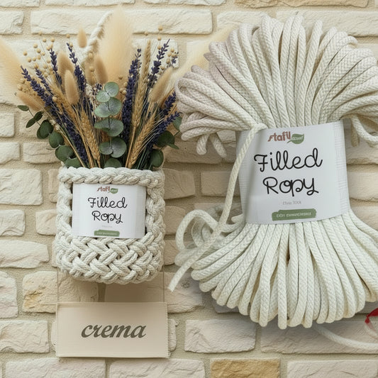 mini tubolare vuoto da riempire crema stafil green 250 g 50 metri filled ropy filato uncinetto corda intrecciata cotone riciclato cordoncino macramè crochet rope uso borse idea inizio intreccio tessitura cestino da appendere