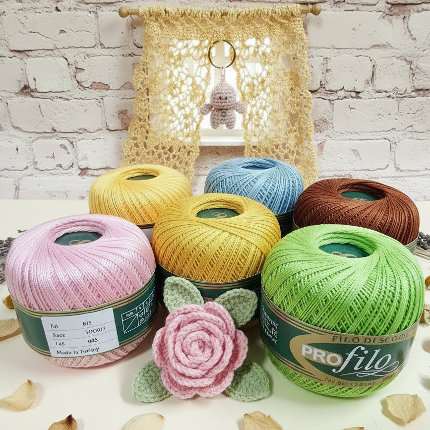 filo di scozia profilo filato cotone uncinetto pregiato n 8 per uncino 1-1.5 giallo azzurro rosa marrone verde uso amigurumi tendine casa delle bambole effetto pizzo fiori 3D