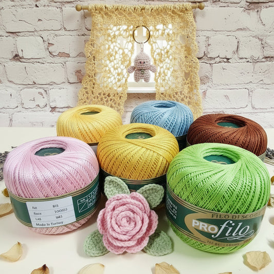filo di scozia profilo filato cotone uncinetto pregiato n 8 per uncino 1-1.5 giallo azzurro rosa marrone verde uso amigurumi tendine casa delle bambole effetto pizzo fiori 3D