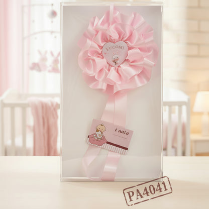 cuoricino rosa è nata neonata bebè coccarda grande fiocco da nascita originale da esterno o cameretta lungo di nastro per femminuccia cartoncino da personalizzare biberon