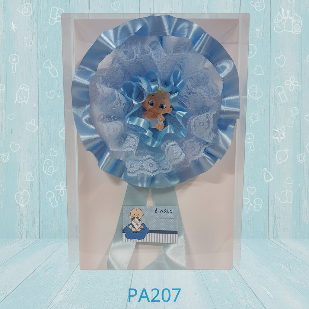 maschietto azzurro è nato celeste pupazzetto neonati coccarda grande fiocco da nascita originale da esterno lungo di nastro con bebè baby