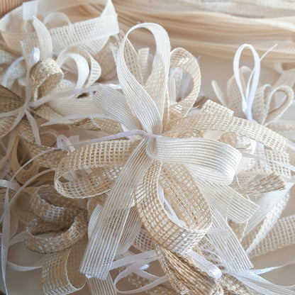 esempio confezionamento shop eco-friendly green nastro juta naturale grezzo beige lino sbiancato garza di carta a rete rustico shabby chic nastrino  uso fiocchi confezionare bomboniere fai da te chiudipacco regalo packaging segnaposto vetrinistica hobbistica