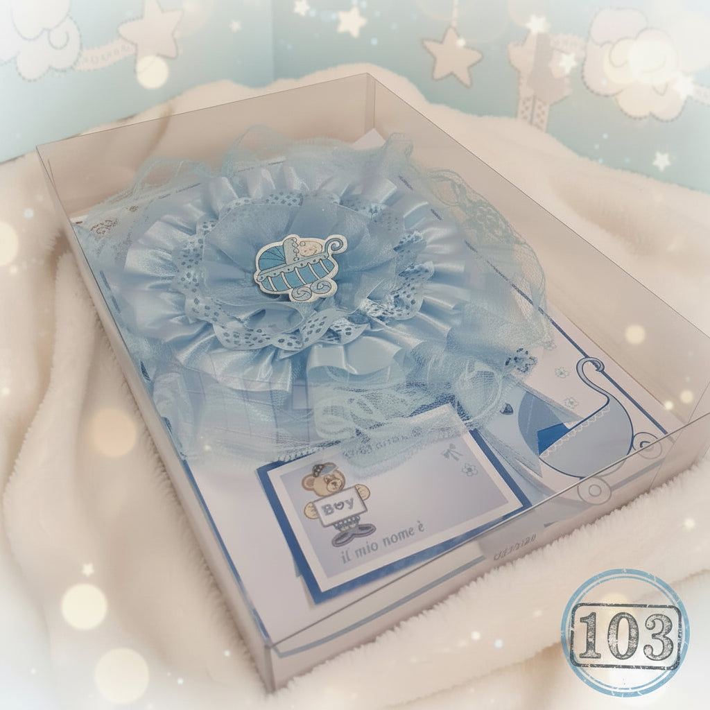 azzurro maschietto è nato il mio nome è fiocco coccarda nascita scatola regalo fuoriporta da esterno babyshower