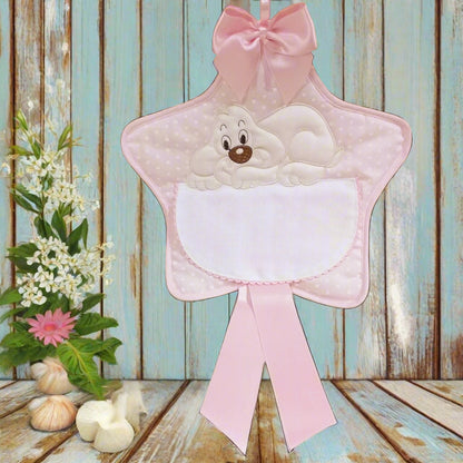 stella cagnolino rosa bimba femminuccia coccarda da nascita fiocco da ricamare a punto croce tela aida e stoffa di cotone per costruire fuoriporta