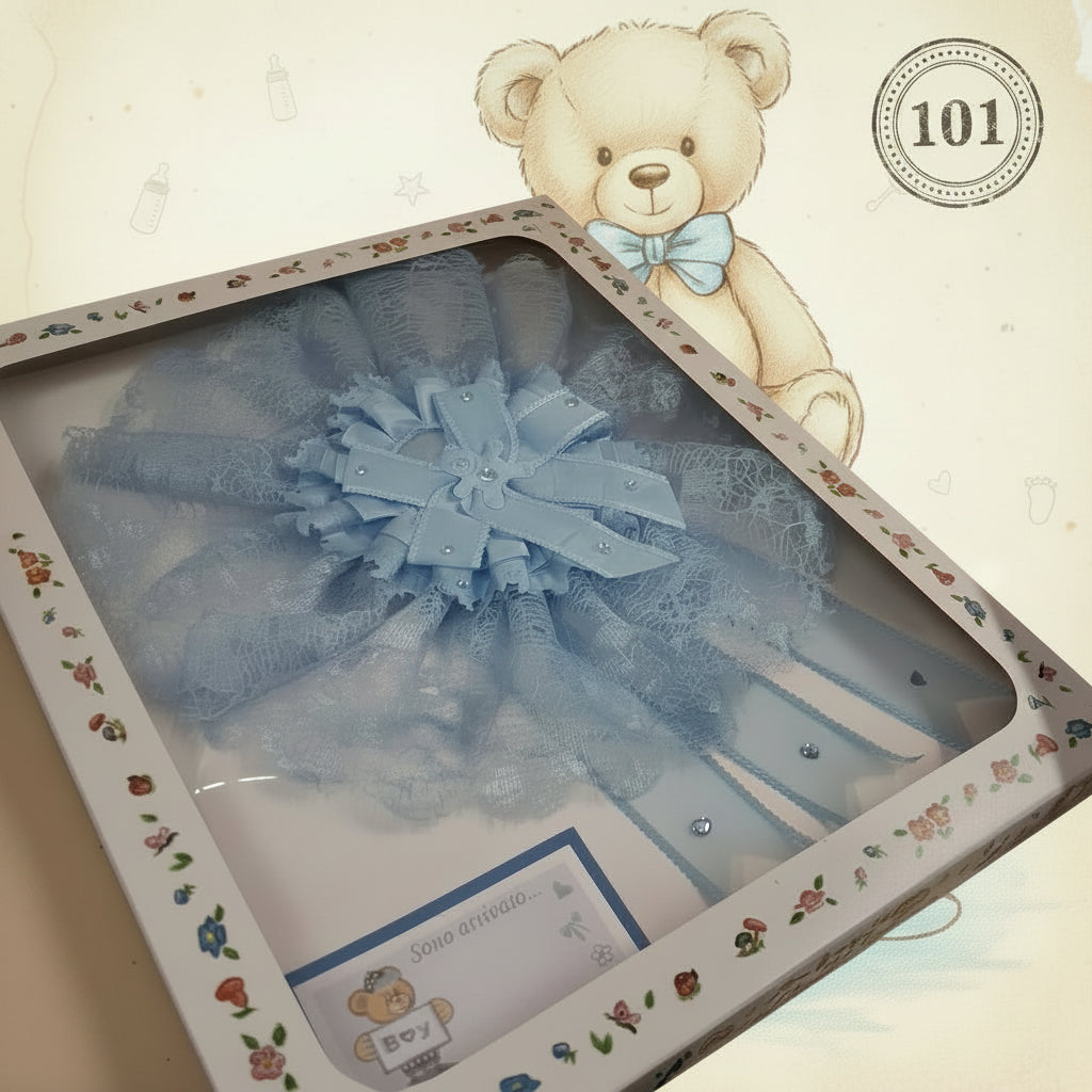 azzurro maschietto sono arrivato fiocco coccarda nascita scatola regalo fuoriporta da esterno babyshower con orsetto boy
