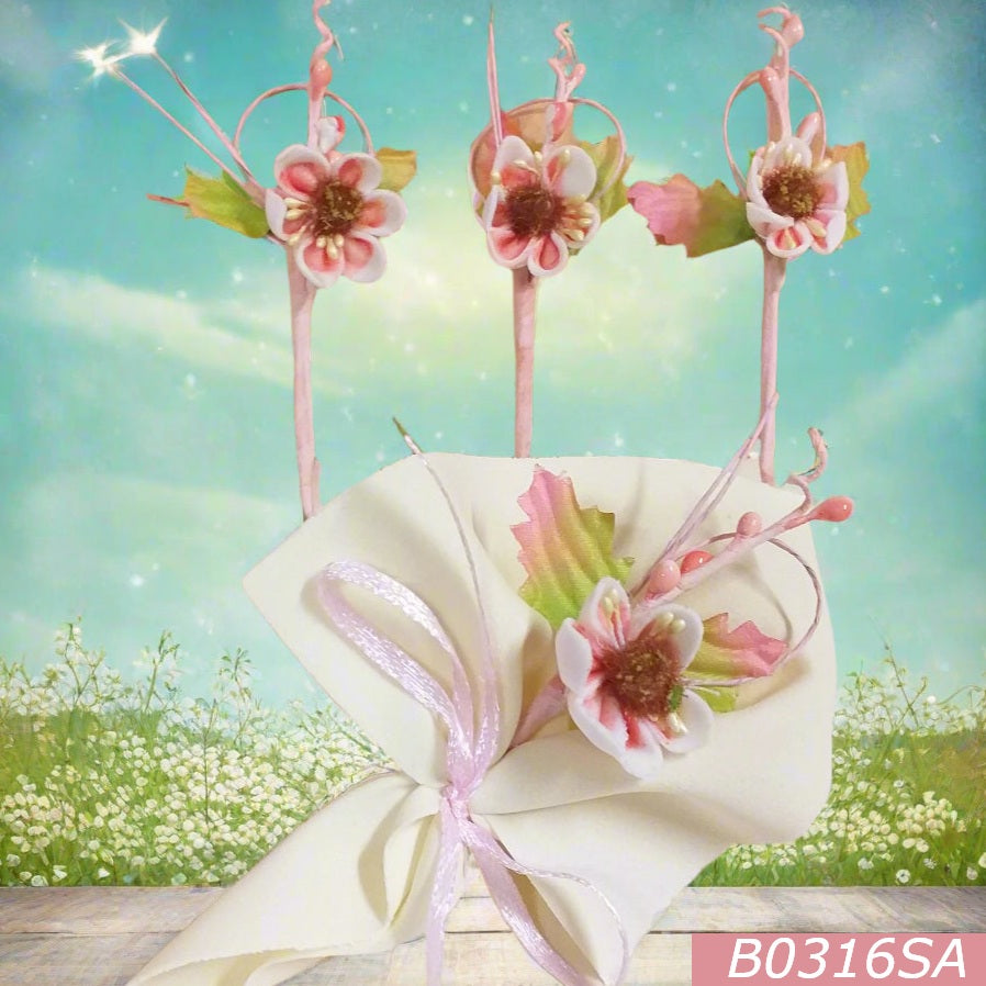 confezione da fioristi pick salmone in lattice mazzolino bouquet piccolo miniatura fiori di pesco finto artificiale di stoffa pistilli foglie uso segnaposto ristorante chiudipacco regalo decorazioni pasquale