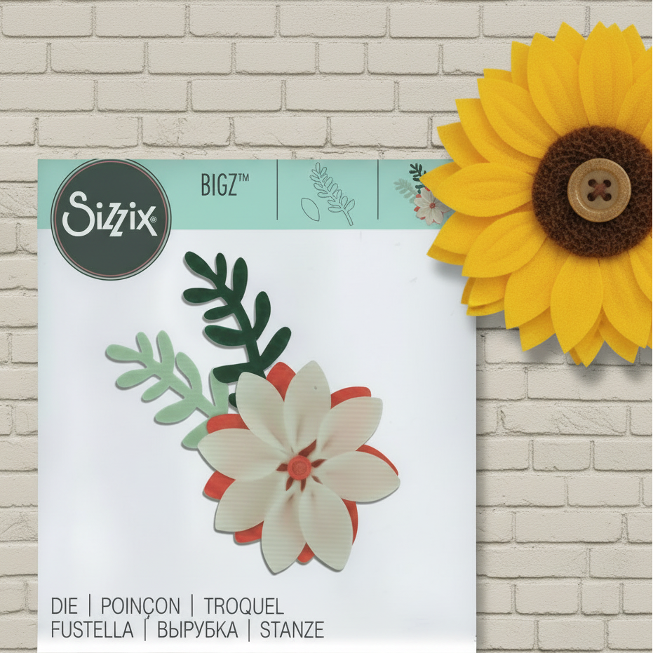 esempio applicazione girasole fommy da realizzare con sx-661321 fustella Sizzix-Stafil Bigz per Big Shot petalo fiore rametto stelo idea fai da te con feltro pannolenci