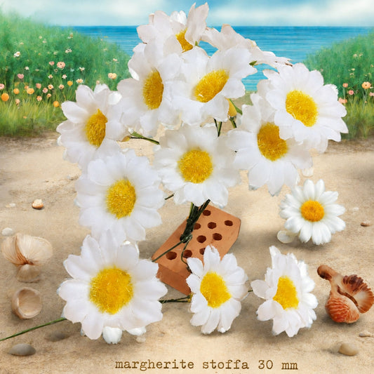 fiori bomboniere fai da te fiorellini di margherite stoffa tessuto bianche gialle uso decorazioni floreali composizioni packaging Prima Comunione matrimonio Battesimo compleanno chiudipacco regalo segnaposto