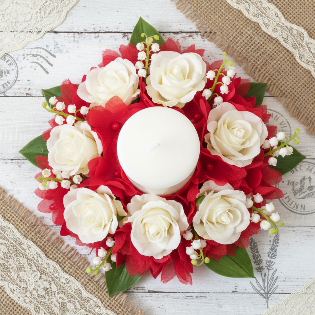 centrotavola candela bianca rose mughetti foglie fiori rossi per bomboniere fai da te di stoffa organza per laurea con steli gambi e pistilli packaging san valentino festa della mamma confezionare pacchi regalo regalini ricordini