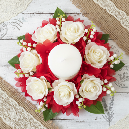 centrotavola candela bianca rose mughetti foglie fiori rossi per bomboniere fai da te di stoffa organza per laurea con steli gambi e pistilli packaging san valentino festa della mamma confezionare pacchi regalo regalini ricordini