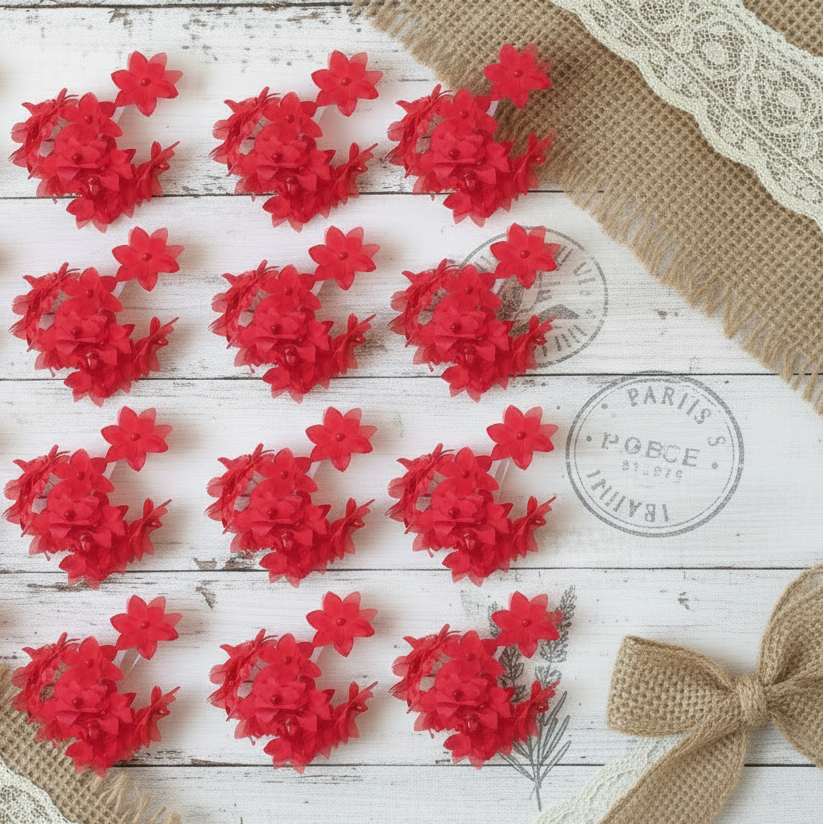 12 mazzolini da 12 fiori rossi per bomboniere fai da te di stoffa tessuto organza per laurea con steli gambi e pistilli packaging san valentino festa della mamma confezionare pacchi regalo regalini ricordini