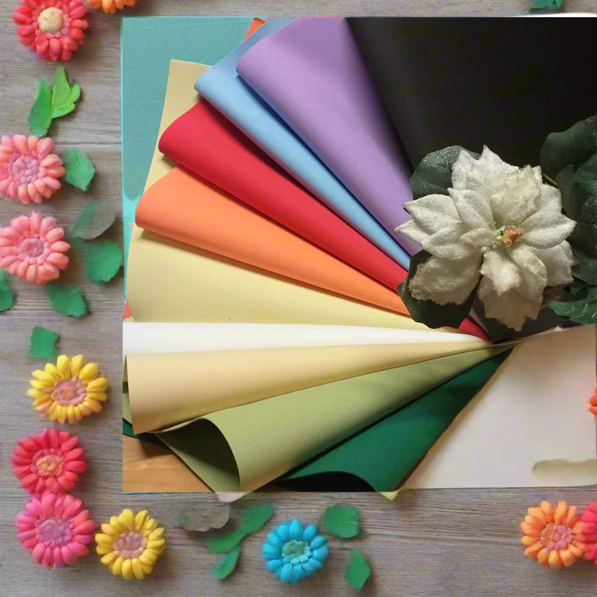 vetrina 10 colori fommy seta Renkalik extra soft 0.7-1 mm sottile fogli gomma crepla fiori foam carta eva new light mousse uso composizioni floreali hobbistica arts crafts stella natale innevata fiorellini colorati da bomboniera
