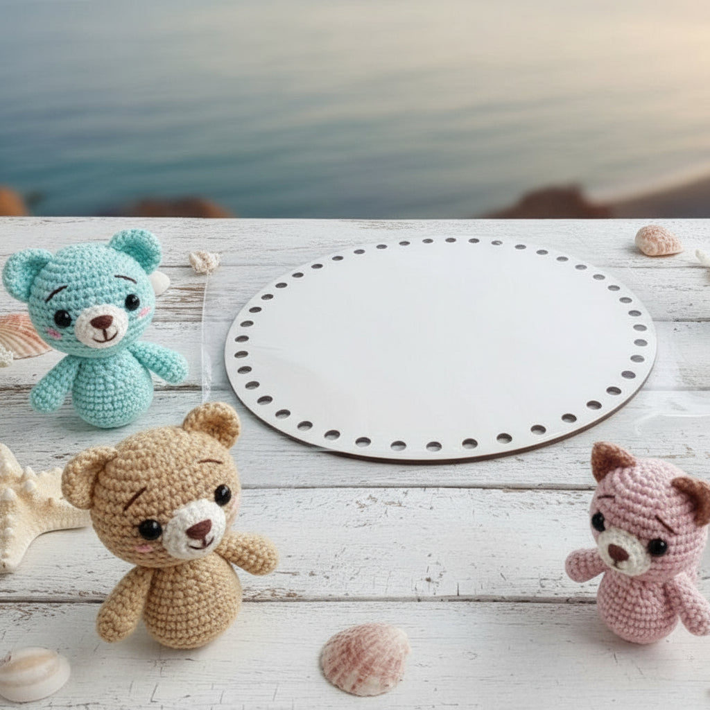 base legno per creare con fettuccia corda filato fondo forato forma tonda cerchio per cestino uncinetto, wooden crochet basket project