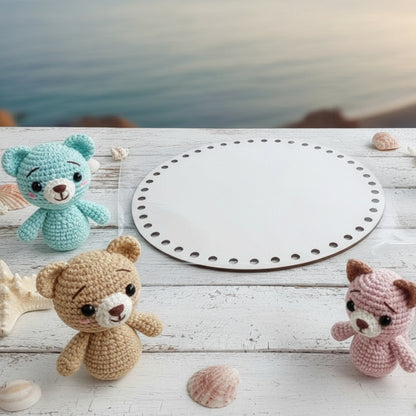 base legno per creare con fettuccia corda filato fondo forato forma tonda cerchio per cestino uncinetto, wooden crochet basket project