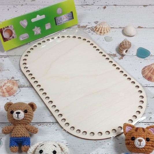 base legno per creare con fettuccia corda filato fondo forato forma ovale per cestino uncinetto, wooden crochet basket project