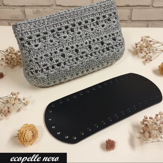 colore nero fondo base fond de poche ecopelle similpelle cuoio rigenerato stafil Austria made in italy 8 x 21 cm ovale forato tecnica granny mattonelle crochet per borsa pochette uncinetto lycra pizza clutch bag a rete