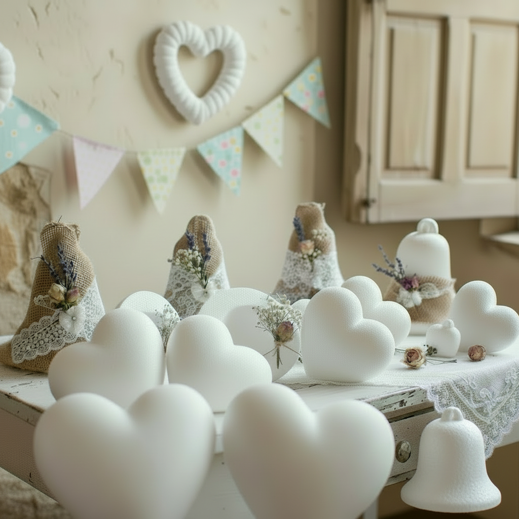 forme polistirolo cuore cornice cuoricini pieni e grandi campane e campanelle oggetti da decorare rivestire con stile shabby tessuto stoffa juta lana fiori secchi per allestimento vintage san valentino pasqua