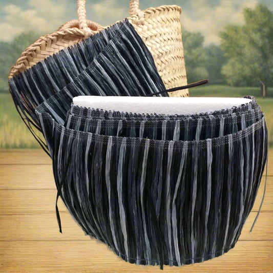 come cucire bordo rafia nero sfumato bianco grigio passamaneria frange per applicazioni borse uncinetto juta moda abbigliamento mare estate