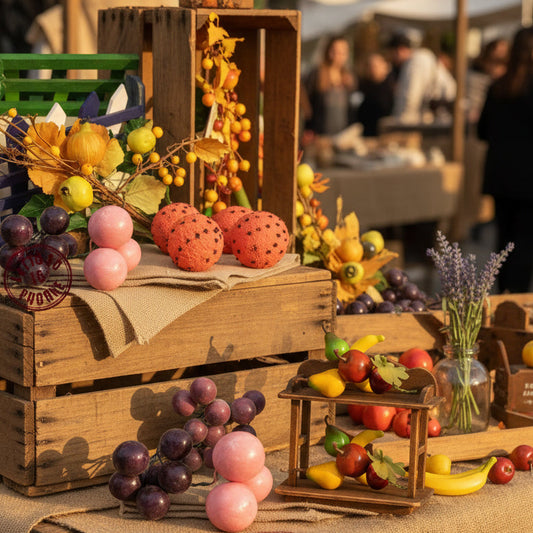 bancarella provenzale con mini fruttini da decorazioni centrotavola composizioni con prugne melograno arancia con chiodi di garofano, miniatura frutta finta artificiale
