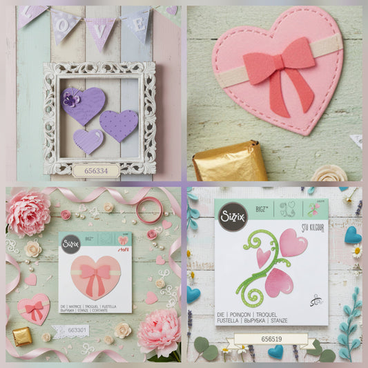 fustelle feltro sizzix Big Shot BIGZ stafil exclusive con fiocco, ramo floreale cuoricini, tris di cuori per tagliare pannolenci fommy gomma crepla creare decorazioni san valentino festa della mamma
