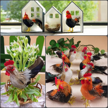 gallo gallina piume ciniglia statuette gallinacei miniature 8 cm allestimento pollaio decorazioni pasquali addobbi primaverili fai da te vetrine packaging chiudipacco uova sorpresa