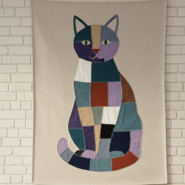 dettagli arazzo esempio di lavoro appliquè stile patchwork su tela gatto seduto con kit tessuti pretagliati di cotone colori misti