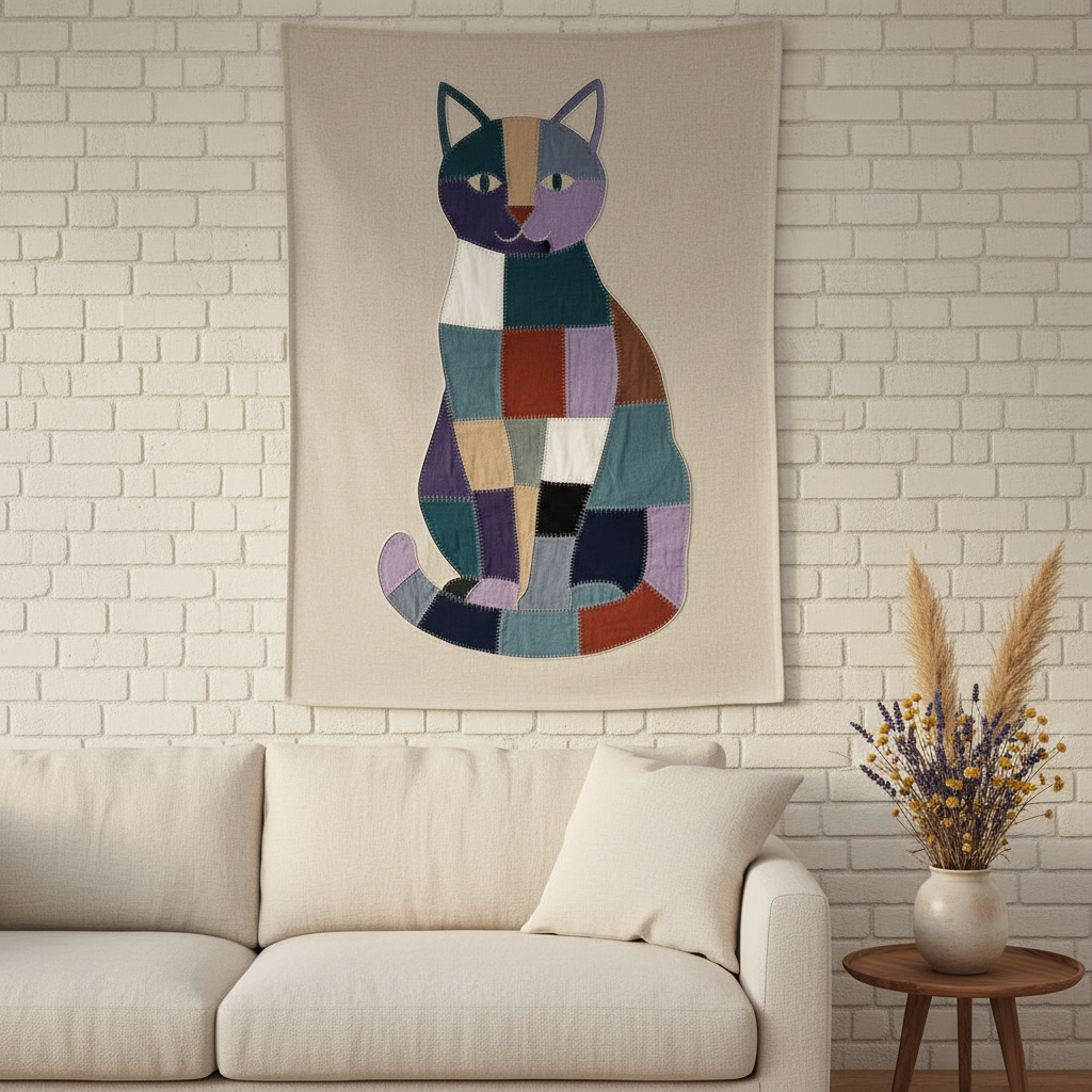 esempio di lavoro appliquè stile patchwork su tela gatto seduto con kit tessuti pretagliati di cotone colori misti
