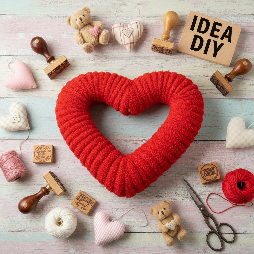 ghirlanda san valentino rivestita di filato fettuccia marshmallow rosso, forma cuore addobbi decorazioni shabby chic allestimento festa negozio vetrina