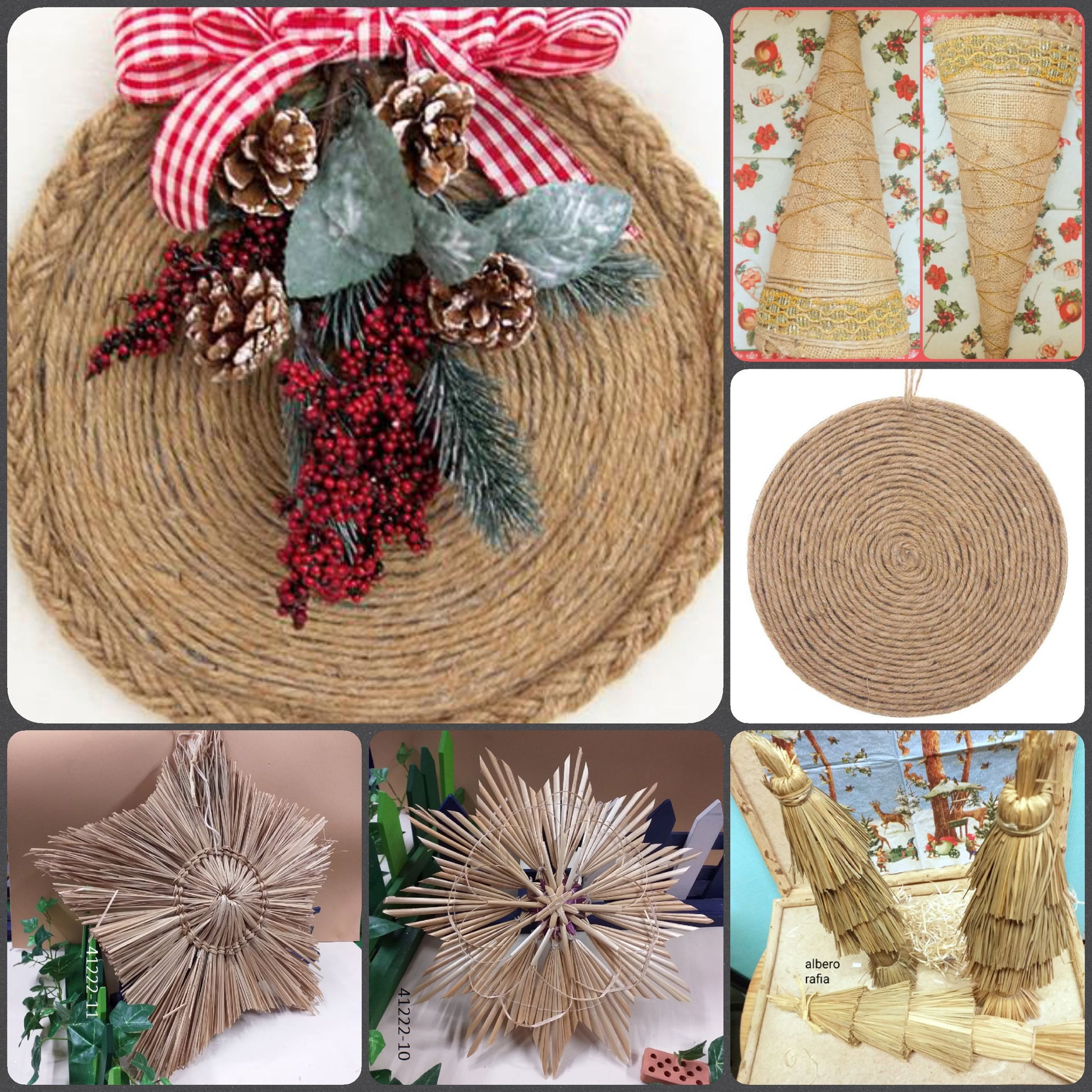 basi strutture da decorare ghirlande fuoriporta cono juta rivestito fai da te Natale rustico viticcio forma stelle alberi coni cerchi anelli paglia rafia uso decorazioni addobbi natalizi vetrinistica